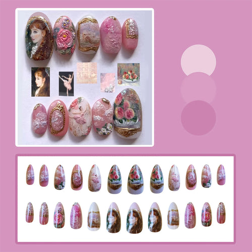24pcs Vintage Garden Fake Nails Almond Press On Nails Removable Blue Gentle Elegant False Nails With Butterfly Flower Designs
