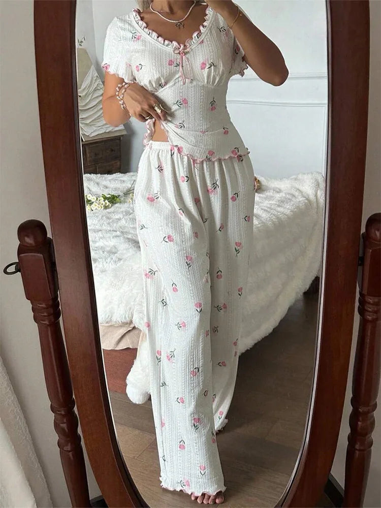 Summer Y2K Sweet Tulip Print Ruffle V Neck Tie Pajama Set Women Short Sleeve Top & Wide Leg Pants Casual Loungewear Sleepwear
